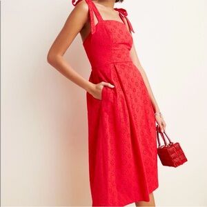 NWT Hutch Anthropologie Kari Red Eyelet Square Neck Tie Strap Midi Dress